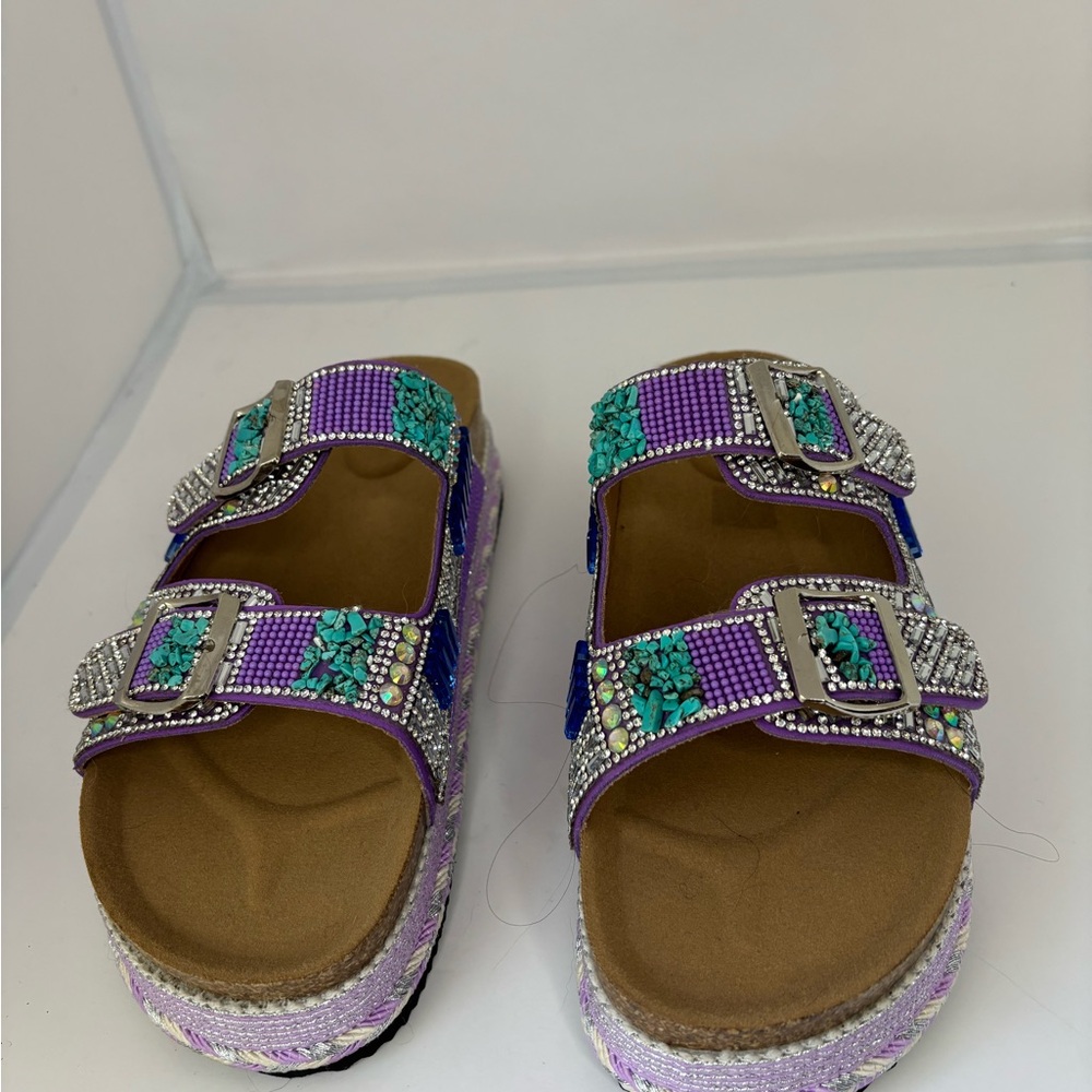 Colorful Beaded Sandals with Buckles and rhinestones size 42